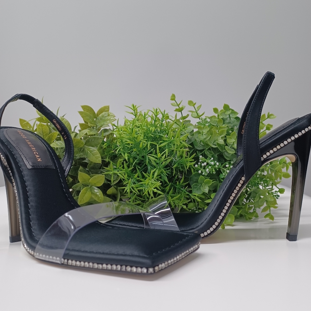 Good American Crystal Crush Lucite Heel Sandals Black 10 NIB - Picture 2 of 7